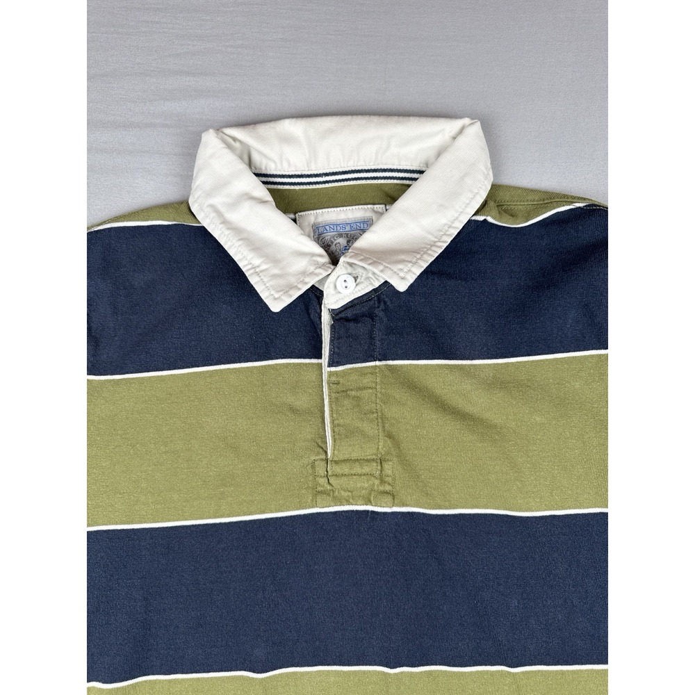 Lands' End Rugby Shirt Mens Large Green Blue Striped Long Sleeve Cotton - Picture 3 of 16